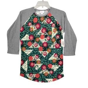 Lularoe Randy Raglan Tee Size XS NWT Green and Gray Floral Print
